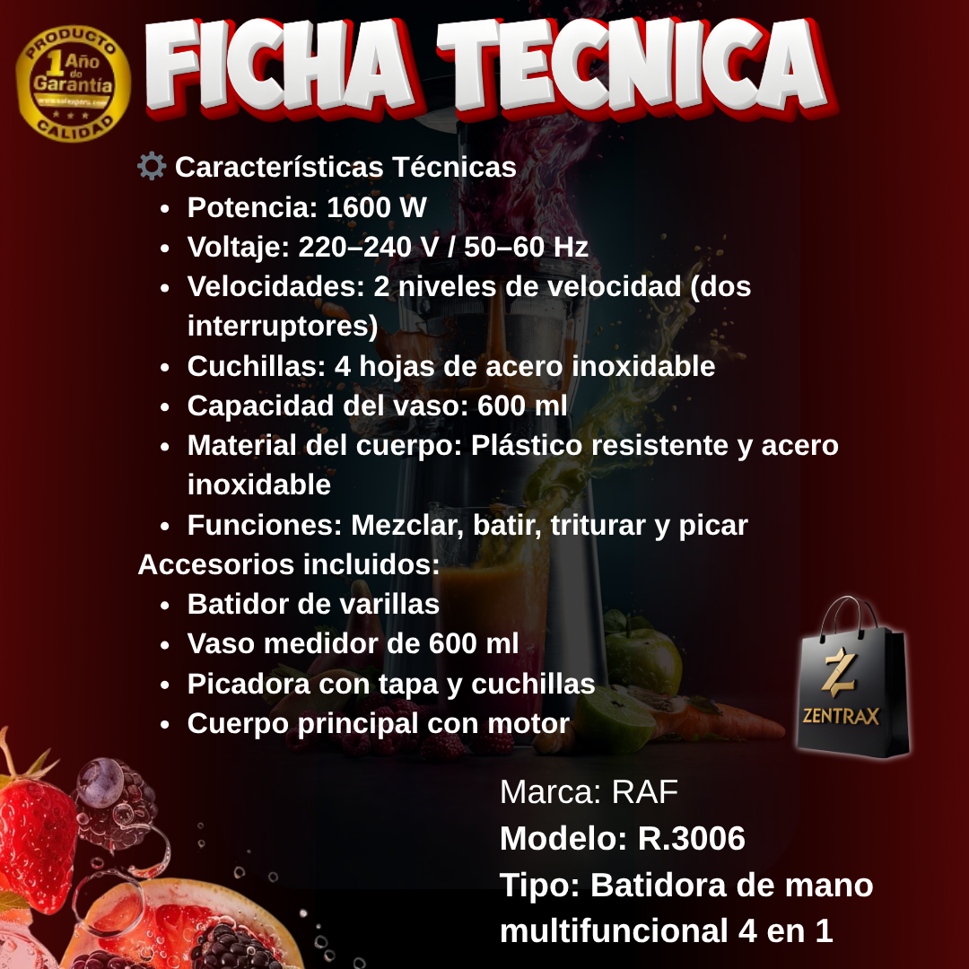 Licuadora de Mano Potente 4 en 1 RAF