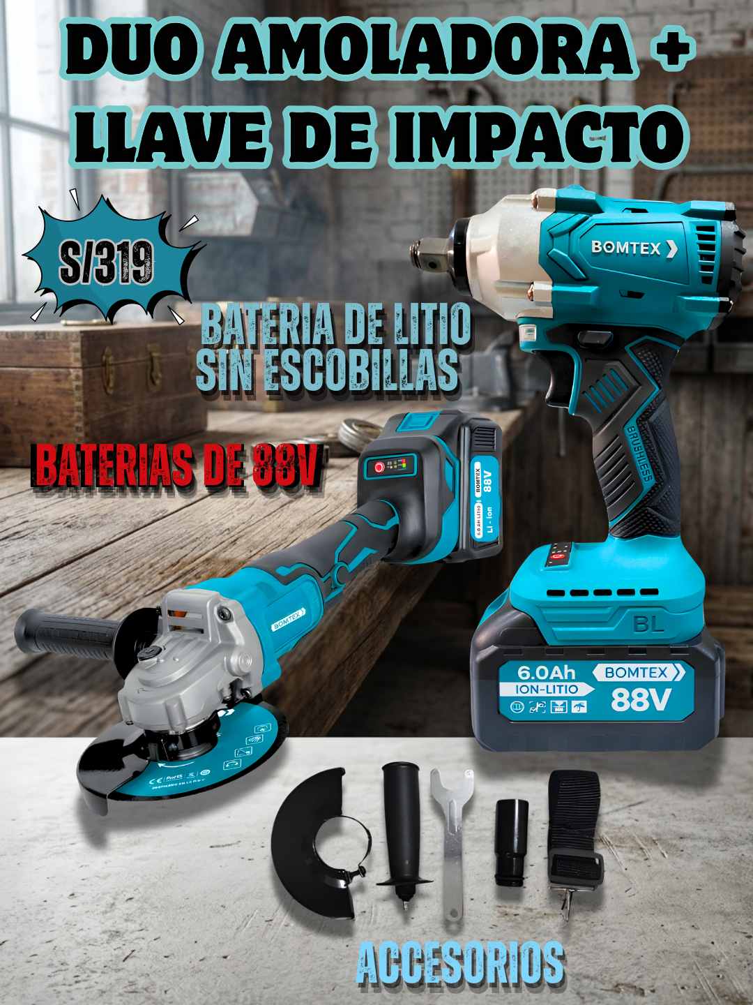 DUO INALAMBRICO AMOLADORA + LLAVE DE IMPACTO